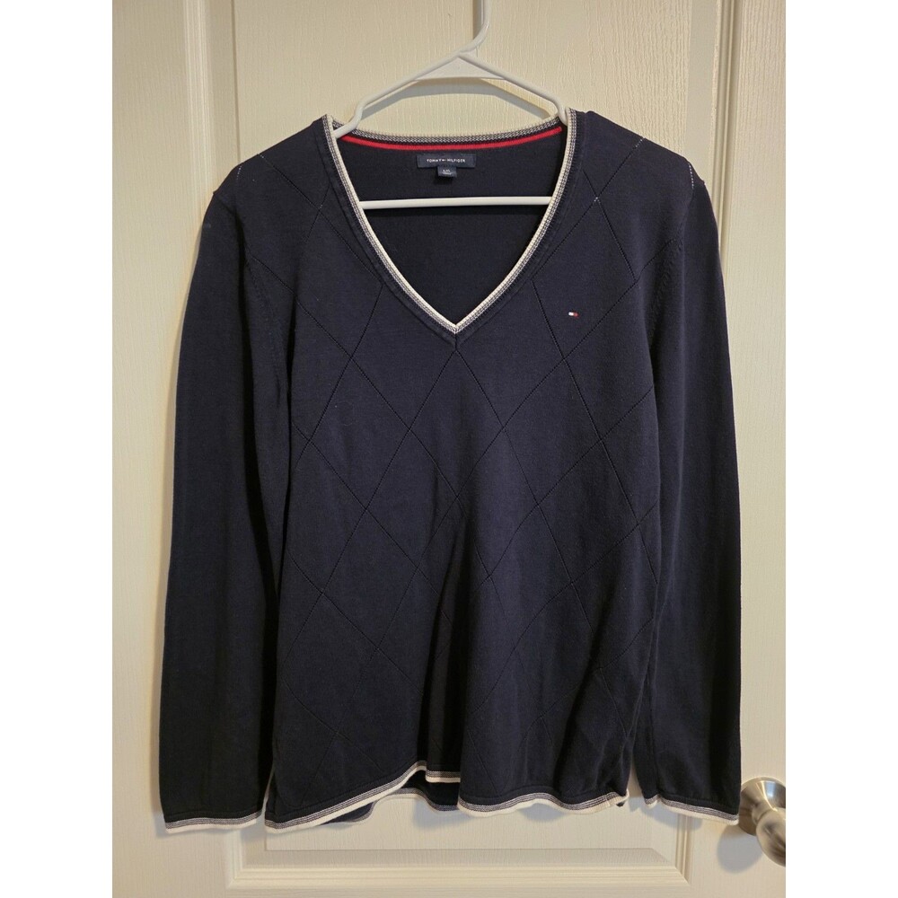 Tommy Hilfiger V-Neck Sweater Womens Navy Blue Long Sleeve Pullover sz L (258)
